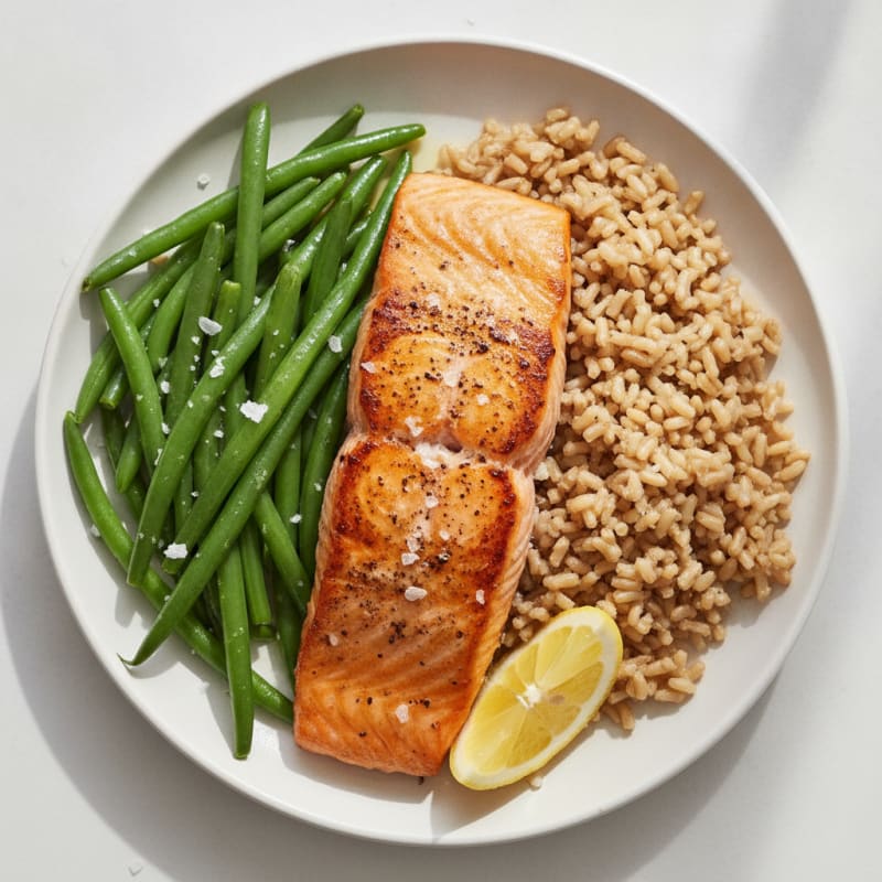 Seared Salmon Fillet with Steamed Green Beans and Brown Rice
