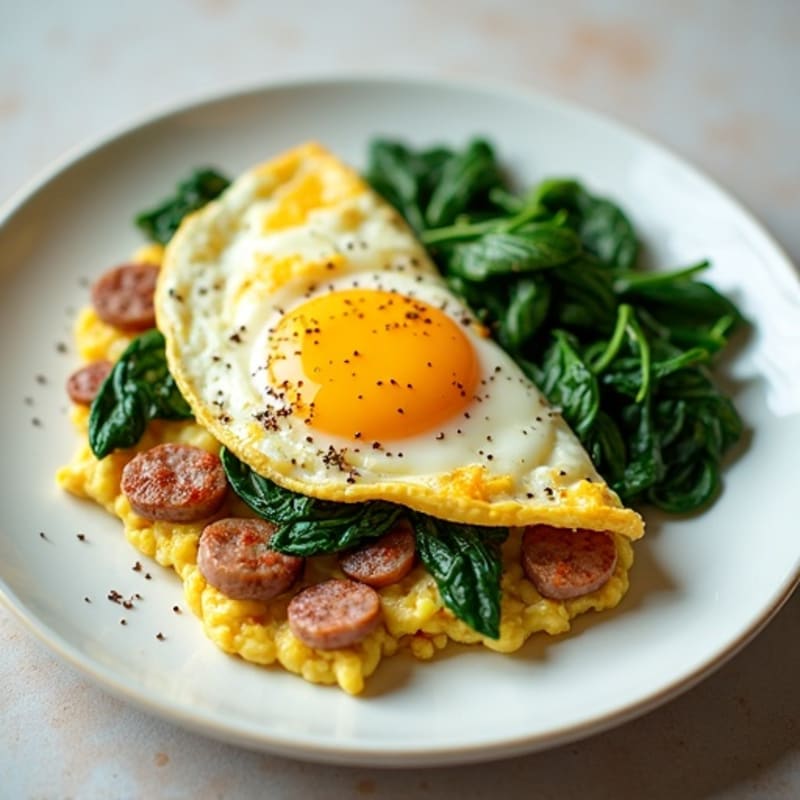 Egg White Scramble with Turkey Sausage and Sautéed Spinach