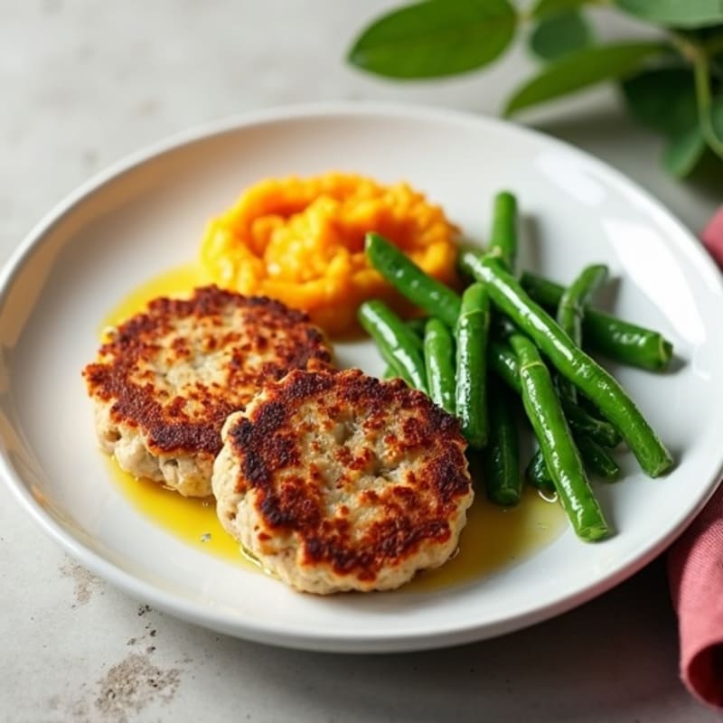 Seared Turkey Patties with Steamed Green Beans and Mashed Sweet Potato