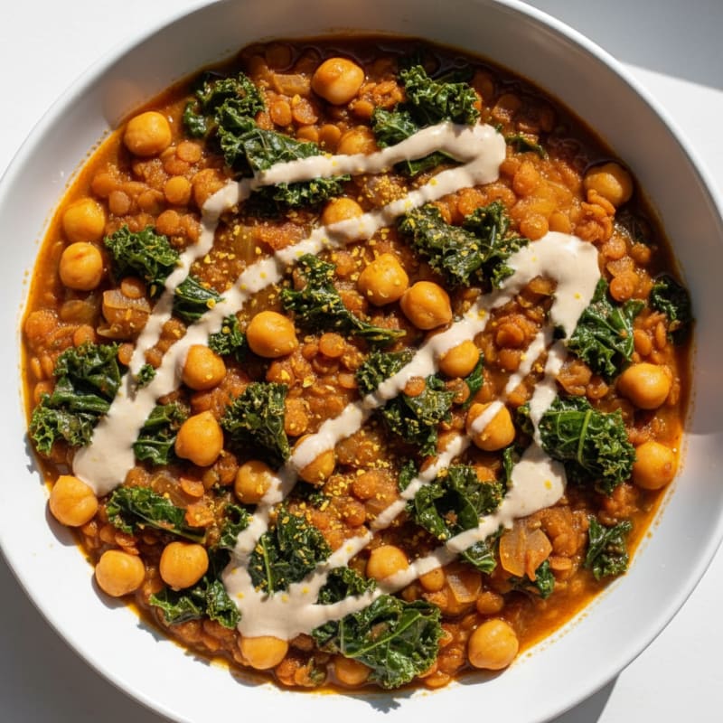 Lentil and Chickpea Stew with Leafy Greens and Silky Tahini Drizzle