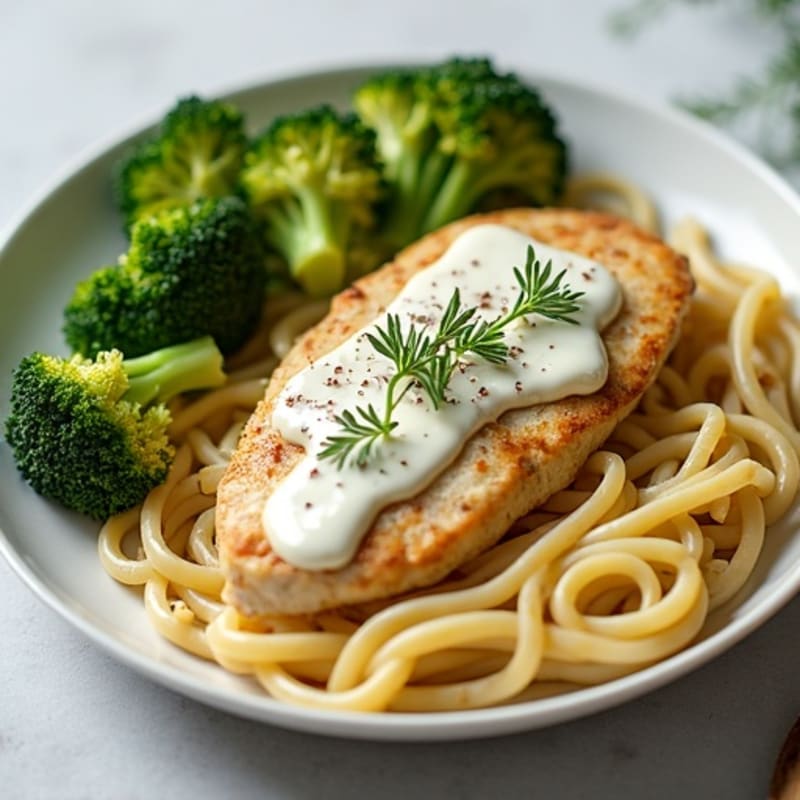 Healthy Creamy Chicken Alfredo with Roasted Broccoli