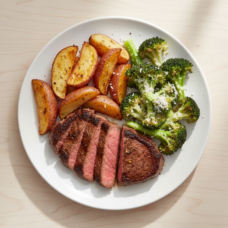 Seared Steak with Roasted Potatoes and Parmesan Broccoli