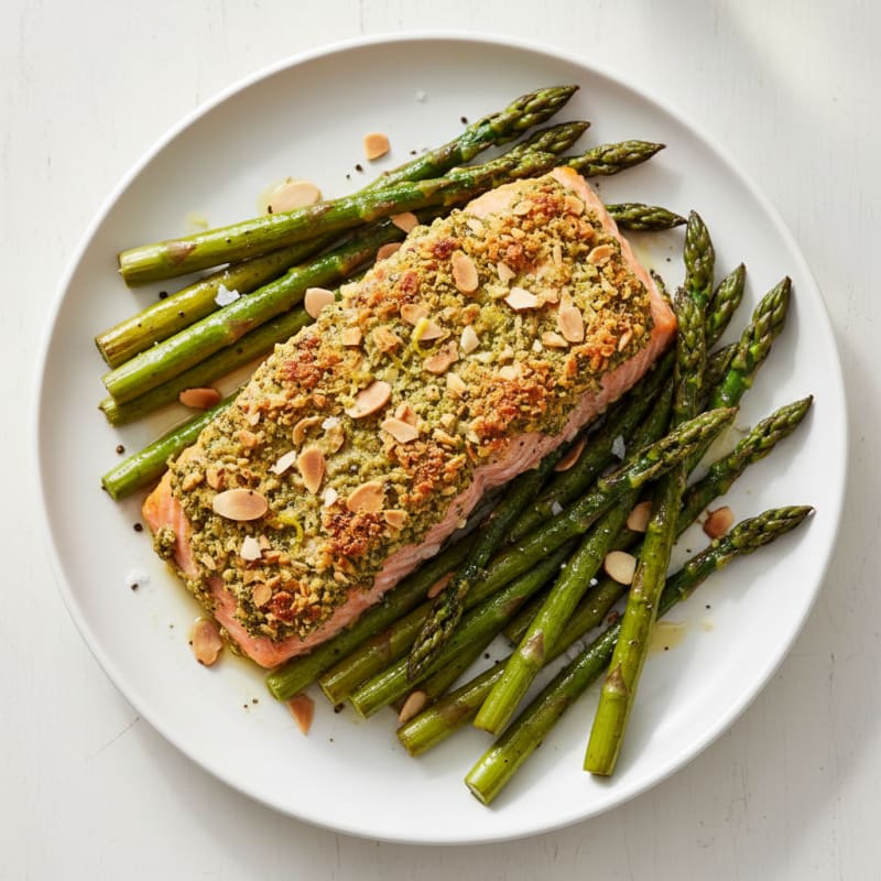 Golden Pesto-Crusted Salmon with Roasted Asparagus