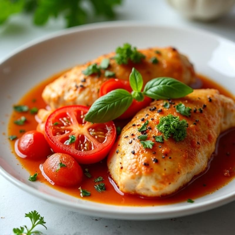 Saucy Chicken with Bell Peppers, Tomatoes, and Fresh Herbs