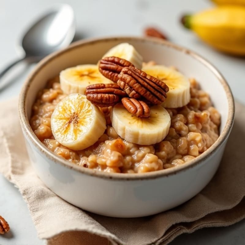Warm Spiced Oatmeal with Caramelized Bananas and Crunchy Pecans
