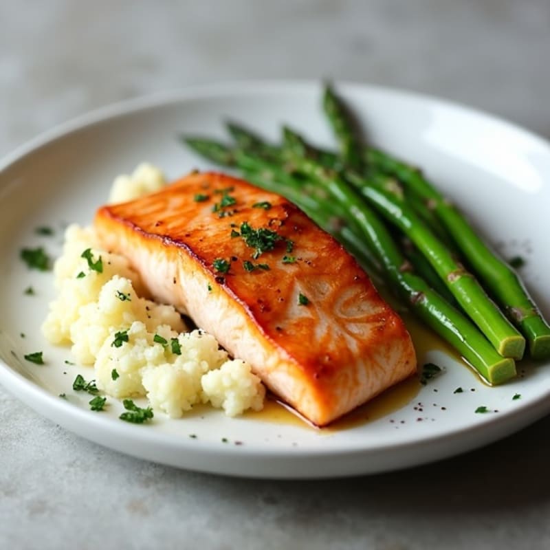 Seared Salmon with Steamed Asparagus and Garlic Mashed Cauliflower