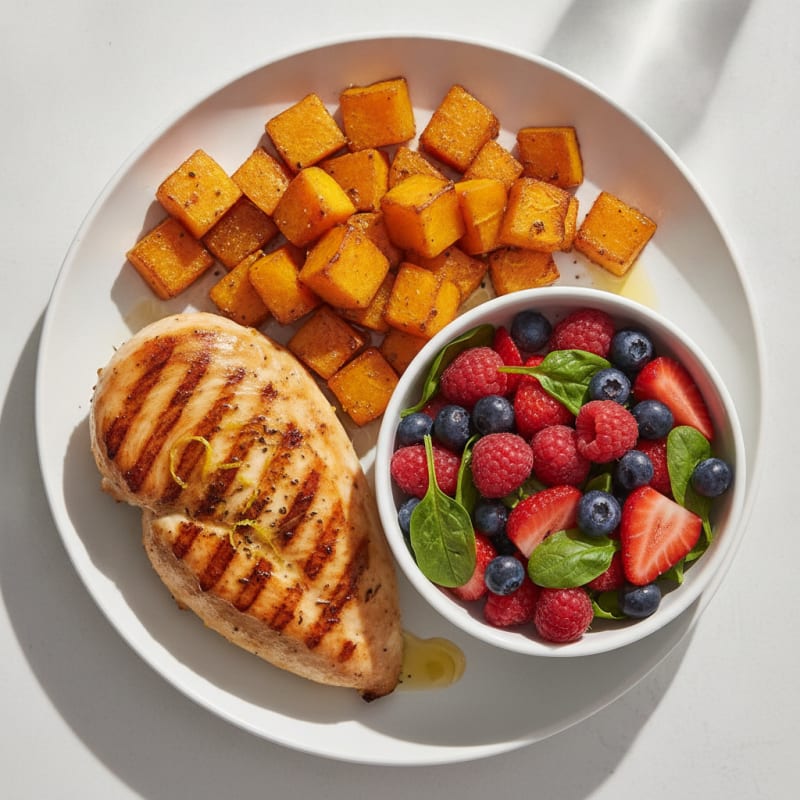 Grilled Chicken Breast with Roasted Squash and Fresh Fruit Salad