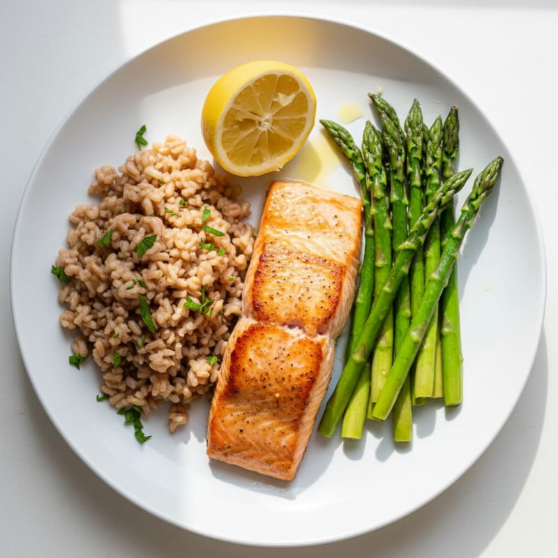 Seared Salmon with Steamed Asparagus and Herbed Brown Rice