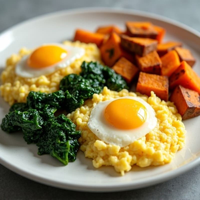 Fluffy Scrambled Eggs with Sautéed Greens and Roasted Sweet Potato Hash