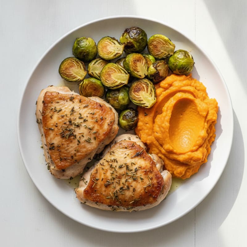 Oven-Baked Herb Chicken Thighs with Roasted Brussels Sprouts and Sweet Potato Mash