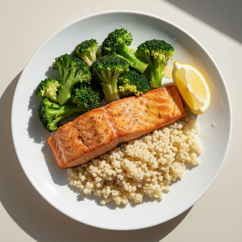 Seared Salmon with Steamed Broccoli and Cauliflower Rice
