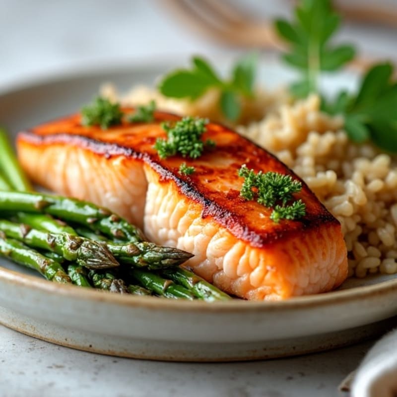 Seared Salmon with Steamed Asparagus and Brown Rice