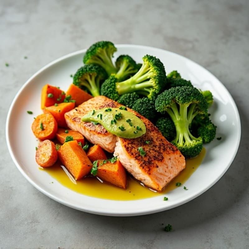 Seared Salmon with Roasted Sweet Potatoes, Steamed Broccoli & Avocado Drizzle