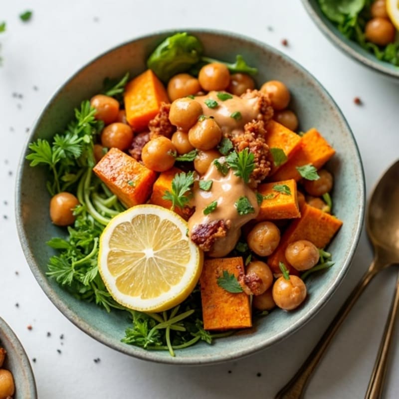 Roasted Sweet Potato and Crispy Chickpea Bowl with Creamy Tahini Dressing