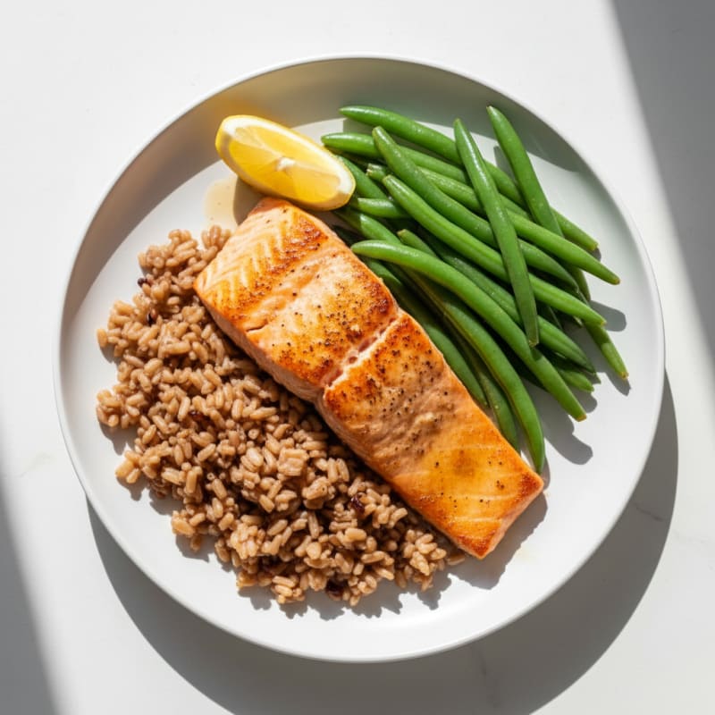 Seared Salmon with Steamed Green Beans and Brown Rice