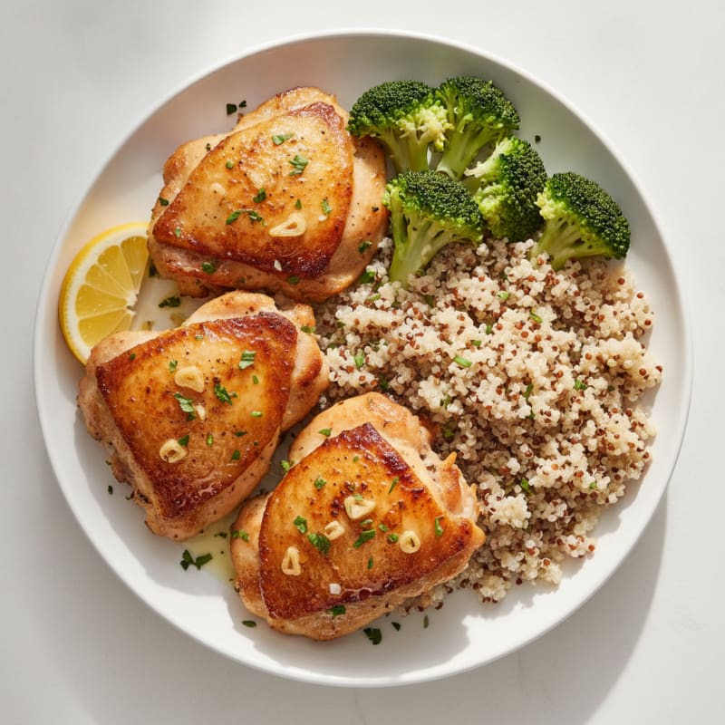 Seared Chicken Thighs with Steamed Broccoli and Quinoa