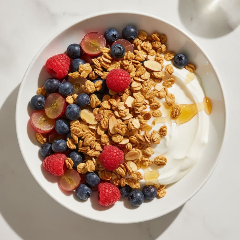 Greek Yogurt with Crunchy Almond Granola and Mixed Berries