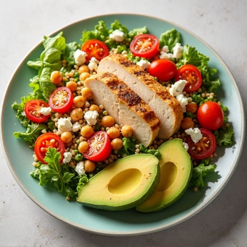 Grilled Chicken Avocado Quinoa Salad with Roasted Chickpeas