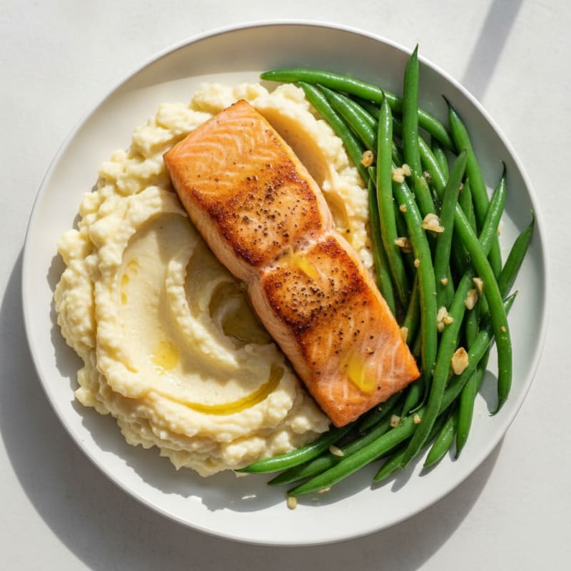 Seared Salmon Fillet with Garlic Green Beans and Cauliflower Mash