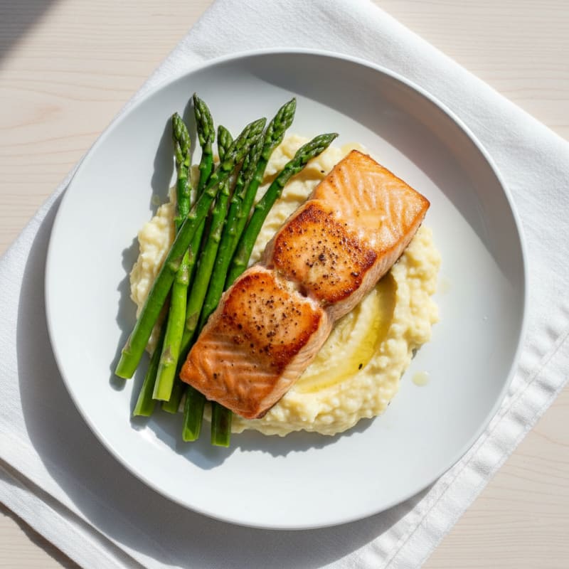 Seared Salmon with Steamed Asparagus and Garlic Cauliflower Mash