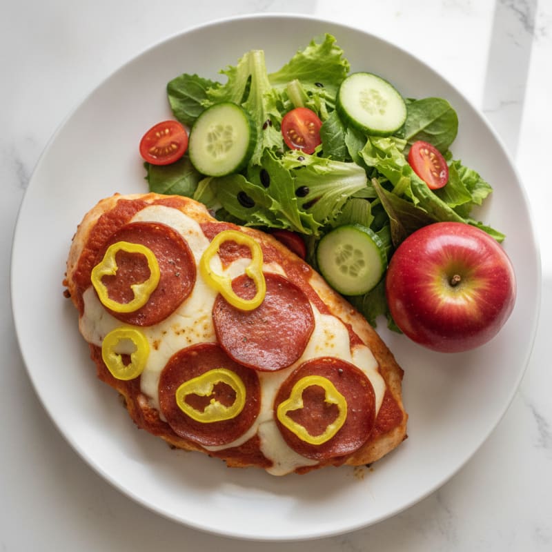 Pepperoni Chicken Pizza Bake with Banana Peppers and Side Salad