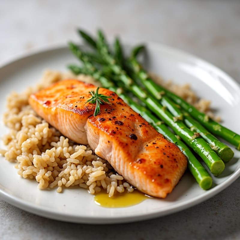 Seared Salmon with Steamed Asparagus and Brown Rice