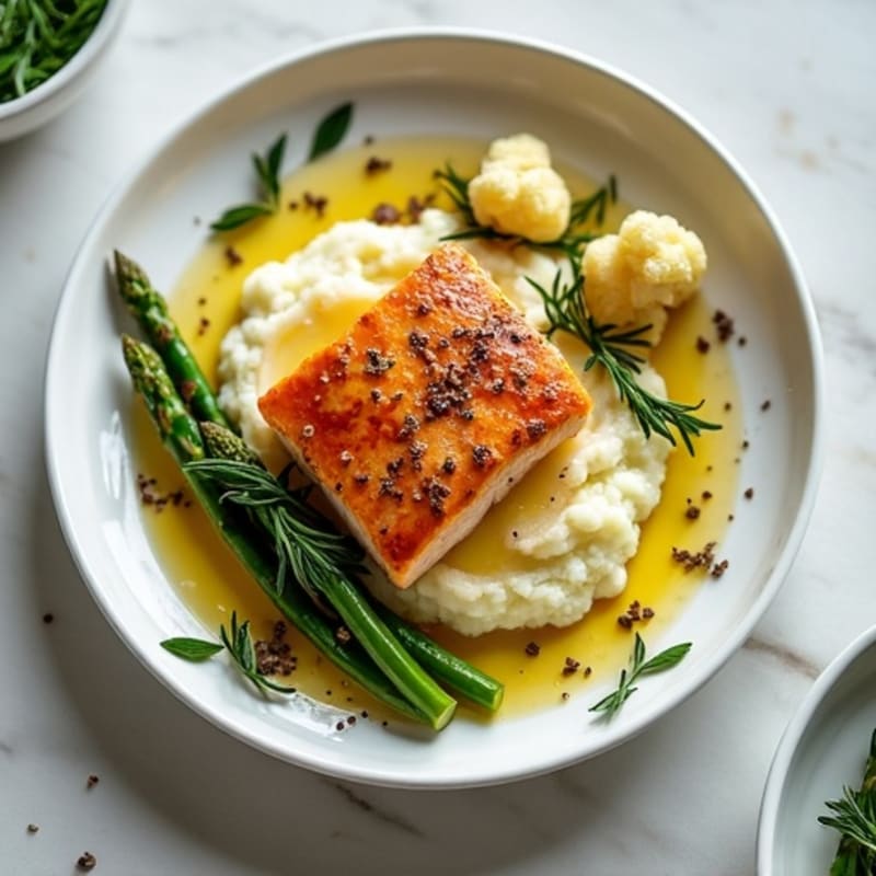 Seared Salmon with Roasted Asparagus and Cauliflower Mash