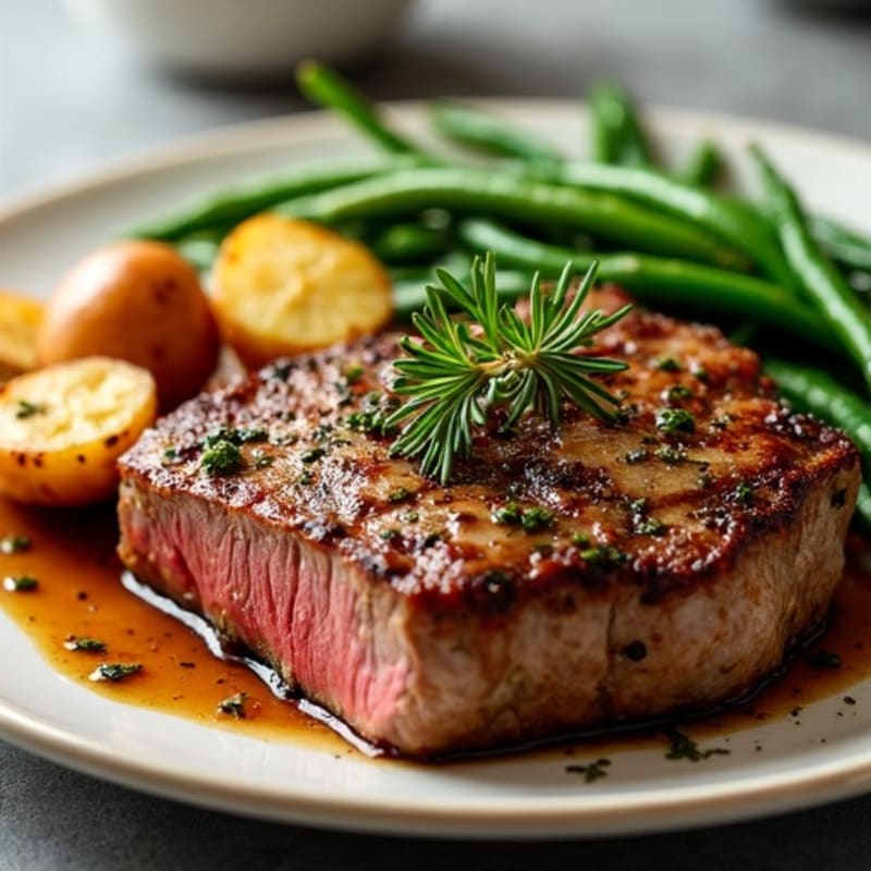 Garlic Herb Roasted Steak with Crispy Roasted Potatoes and Green Beans
