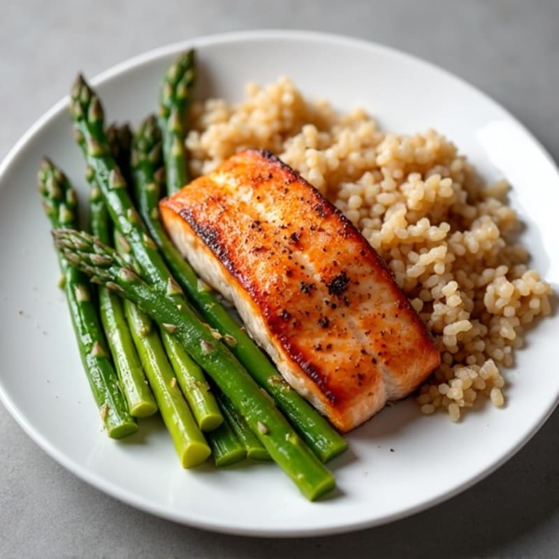 Seared Salmon with Steamed Asparagus and Brown Rice