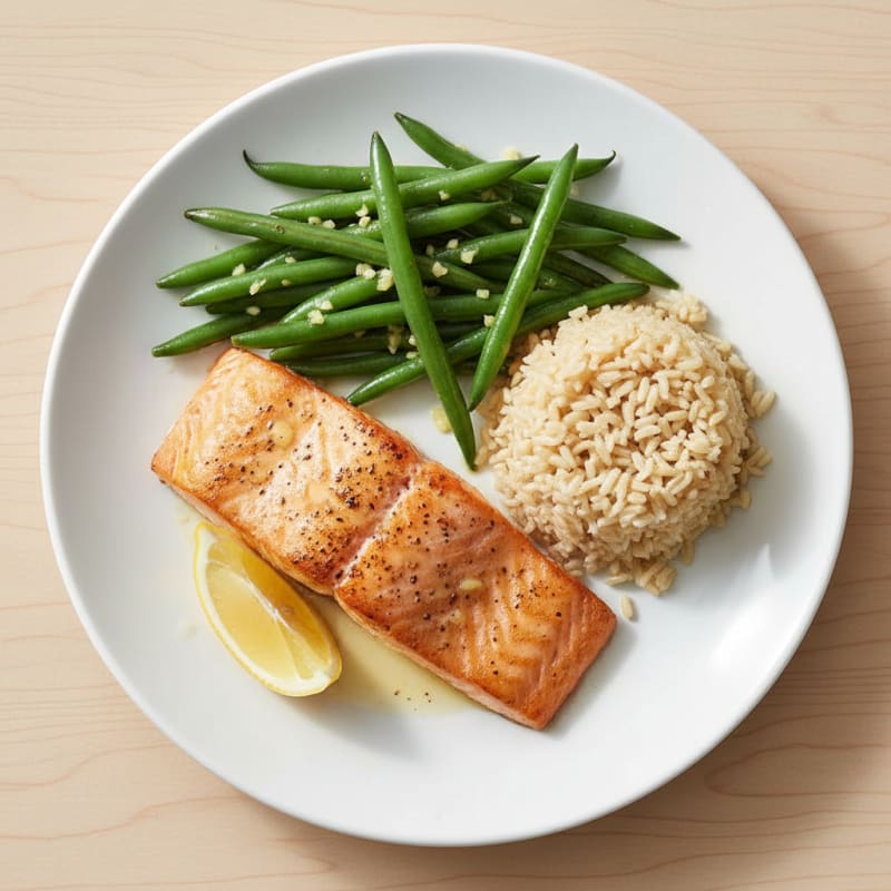 Seared Salmon Fillet with Garlic Green Beans and Brown Rice