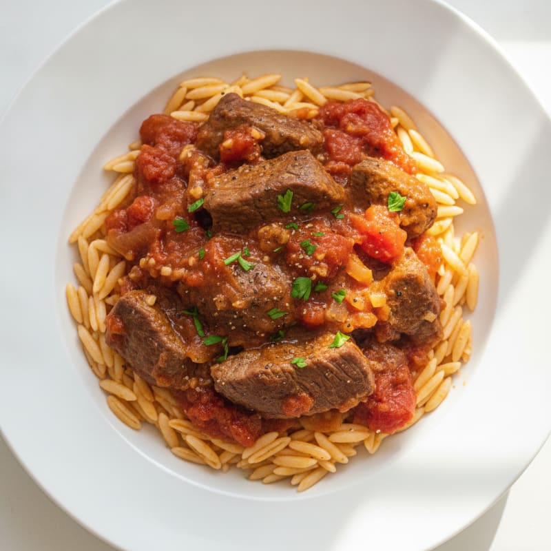 Braised Beef with Orzo and Tomatoes