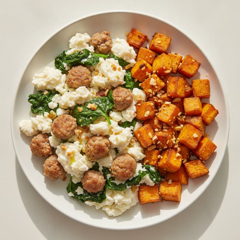 Egg White and Turkey Sausage Scramble with Spinach and Roasted Sweet Potato