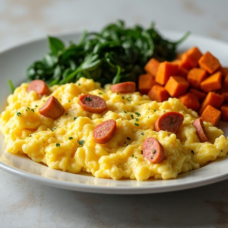 Protein-Packed Scrambled Eggs with Sautéed Greens and Sweet Potato Hash