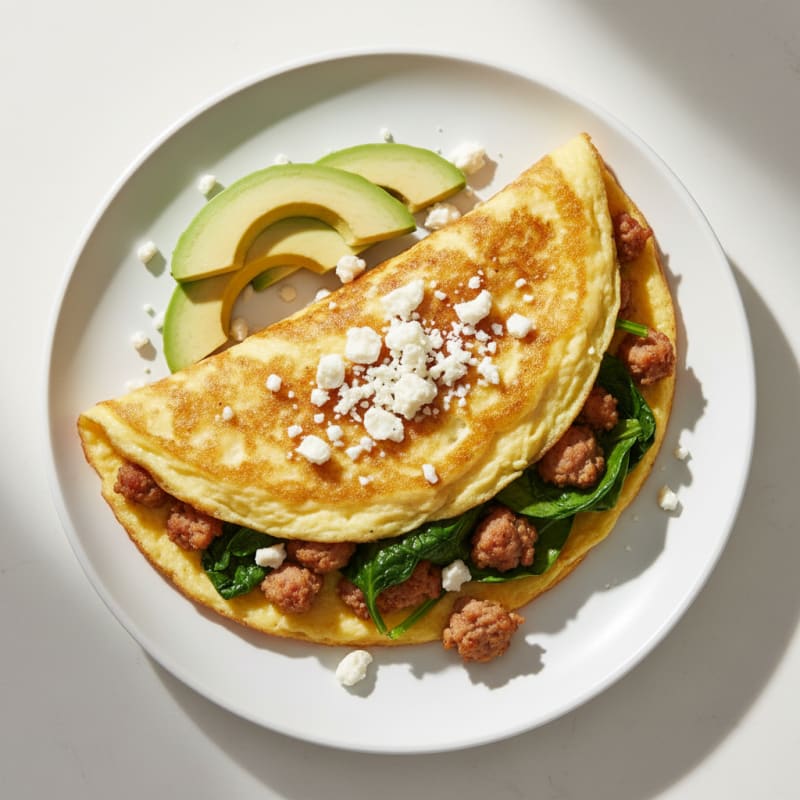 Crispy Egg White Omelette with Turkey Sausage and Spinach