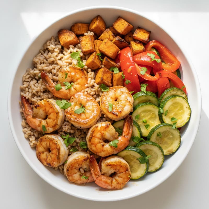 Grilled Shrimp and Brown Rice Bowl with Roasted Vegetables
