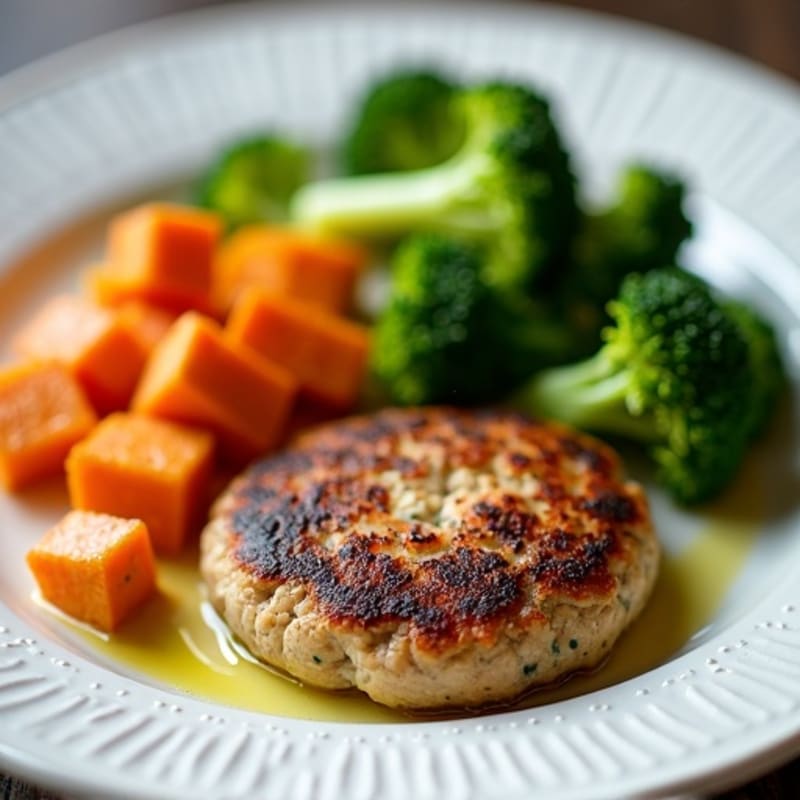 Seared Turkey Patties with Roasted Sweet Potato and Steamed Broccoli