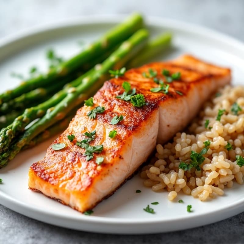 Seared Salmon Fillet with Steamed Asparagus and Brown Rice