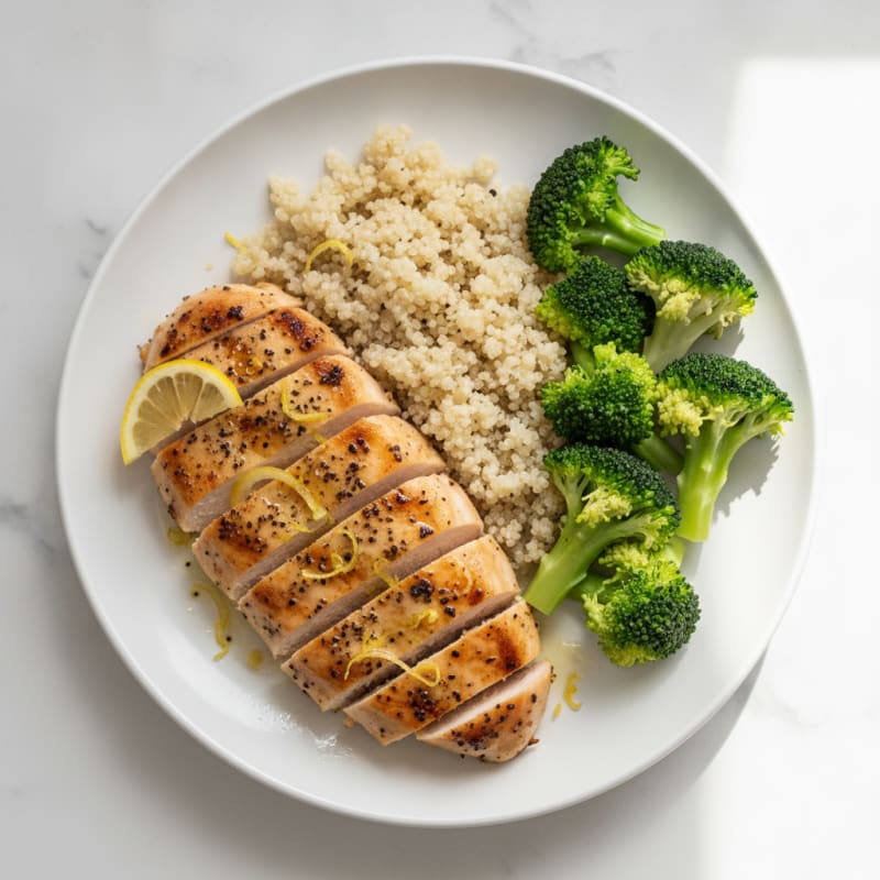 Grilled Lemon Pepper Chicken Breast with Quinoa and Steamed Broccoli