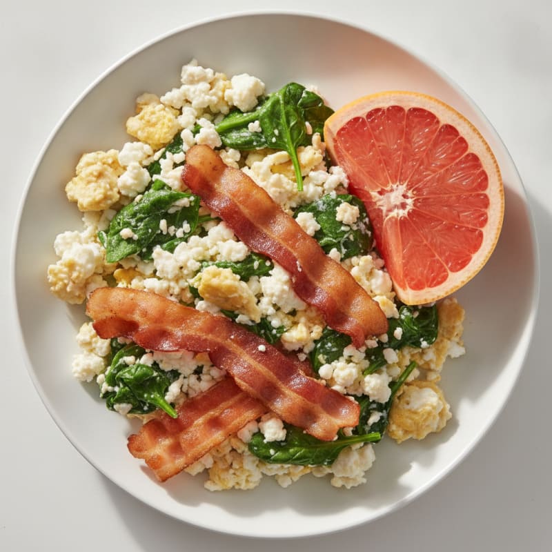 Cottage Cheese Egg White Scramble with Spinach and Turkey Bacon