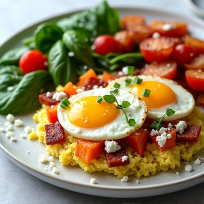 Savory Protein Scramble with Crispy Roasted Sweet Potatoes and Fresh Greens