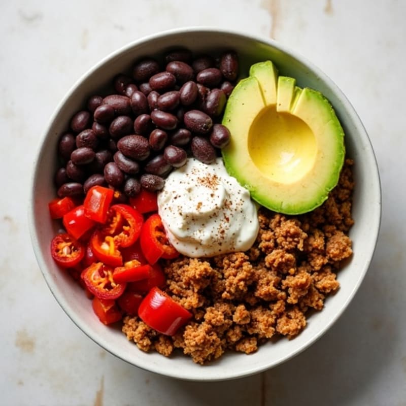 Spicy Ground Turkey and Black Bean Bowl with Roasted Peppers and Creamy Avocado