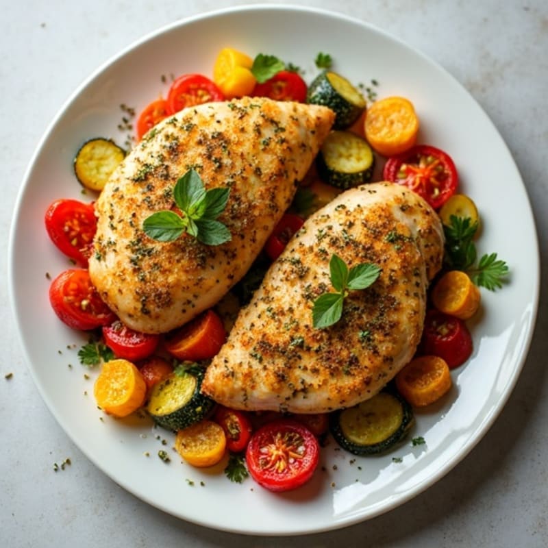 Herb-Crusted Sheet Pan Chicken with Roasted Rainbow Vegetables