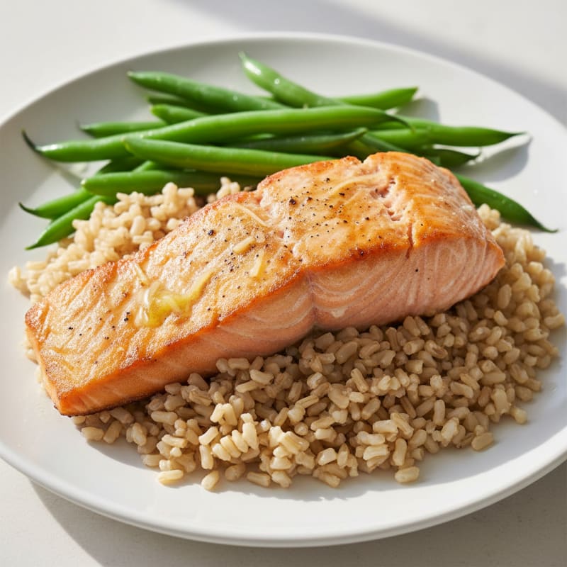 Seared Salmon with Steamed Green Beans and Brown Rice