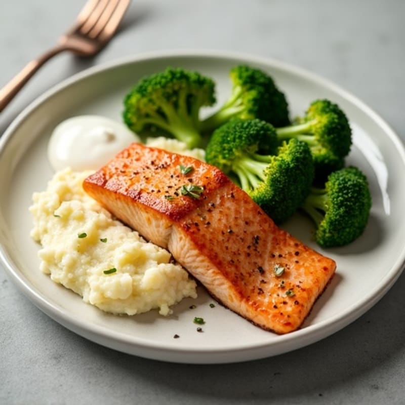 Seared Salmon with Steamed Broccoli and Garlic Mashed Potatoes