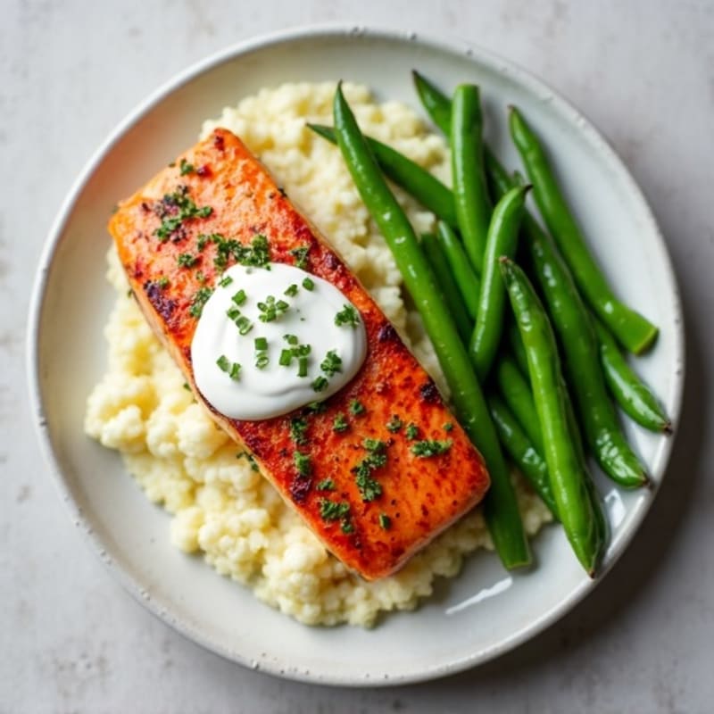 Seared Salmon with Steamed Green Beans and Herb Cauliflower Mash