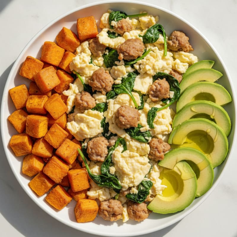 Scrambled Egg Whites with Turkey Sausage and Sautéed Spinach
