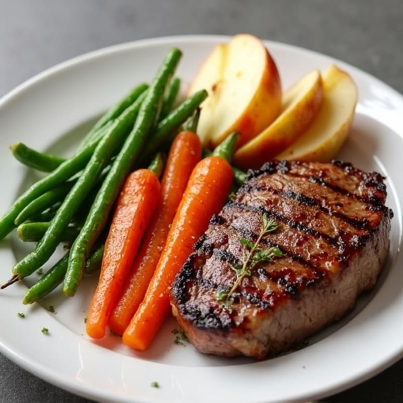 Seared Sirloin Steak with Garlic Green Beans and Roasted Root Vegetables