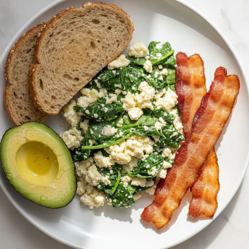 Cottage Cheese Scramble with Spinach and Turkey Bacon
