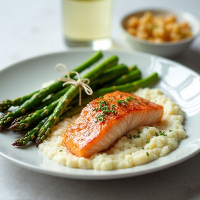 Seared Salmon with Steamed Asparagus and Cauliflower Mash