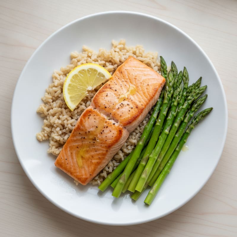 Seared Salmon Fillet with Steamed Asparagus and Brown Rice